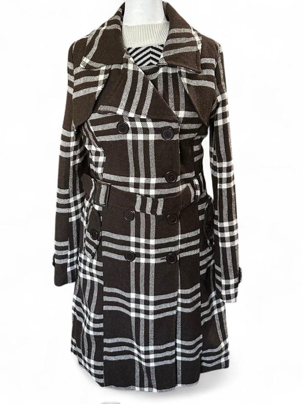 Vintage Y2K brown & white plaid trench coat Women’s Size Small